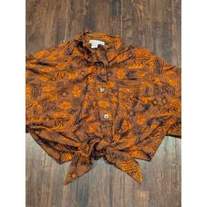 Vtg Made Italy Cropped Tie Front Womens S Brown Orange Abstract Button Up Blouse
